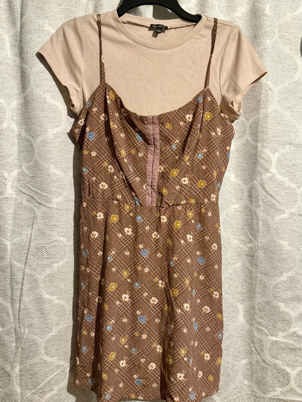 Brown Floral Plaid Layered Dress with Beige Tee